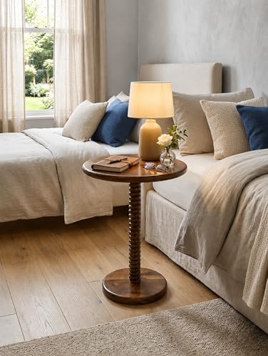 Image of REDWOOD Sheesham Wood End Table | Round Sofa Side Table for Living Room, Bedroom & Lounge | Modern Accent Unit with Decorative Turned Pedestal Base | Compact Space Saving Furniture | Walnut Finish