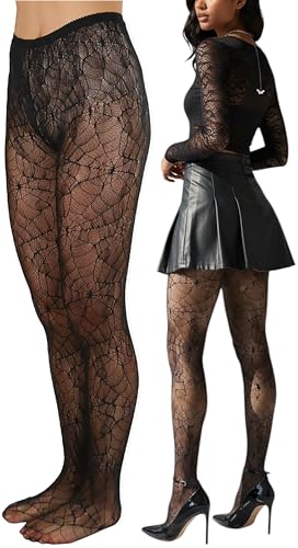 Image of ToBeInStyle Women's Spiderweb & Crawling Spider Print Hosiery Tights & Thigh High Stockings
