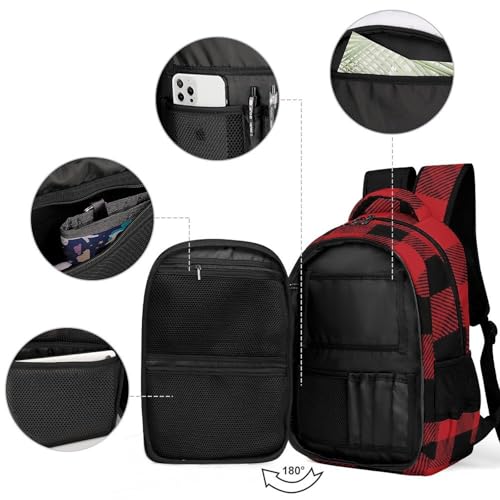 Men's Commuter Bag Large Travel Bag Portable Work Backpack With Double Zippers Red Black Buffalo Check Plaid Pattern3