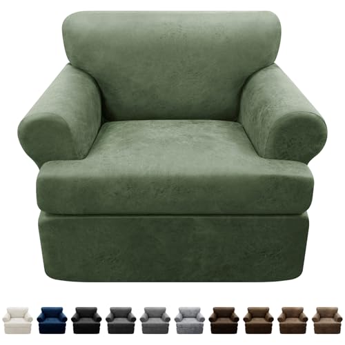 Pfrstuv 2-Pieces T Cushion Armchair Slipcovers Leather Look Couch Cover Chair Covers Stretch Furniture Protector Sofa Cover with 1 Individual T Cushion Seat Cover Slipcover Sets Washable, Army Green