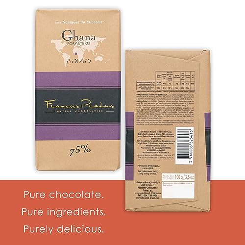 François Pralus Ghana 75% Dark Chocolate 3 Pack - French Chocolate - Bean-to-Bar, Direct Trade - Vegan, Soy-Free - Bundle