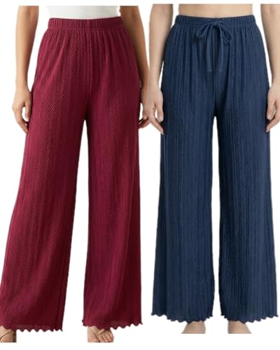 Image of Women Pack of 2 Pleated Palazzo Pants | Free Size (M to 3XL) | Elastic Waist with Drawstring | Soft Stretch Fabric | Casual, Office