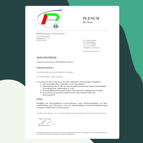 Bio Spirulina & Chlorella Presslinge – 600 Tabletten – Hochdosiert mit 6.000 mg pro Tag – Vorrat für 50 Tage – Hergestellt & laborgeprüft in DE – Vegan & frei von Zusätzen – TRUE NATURE