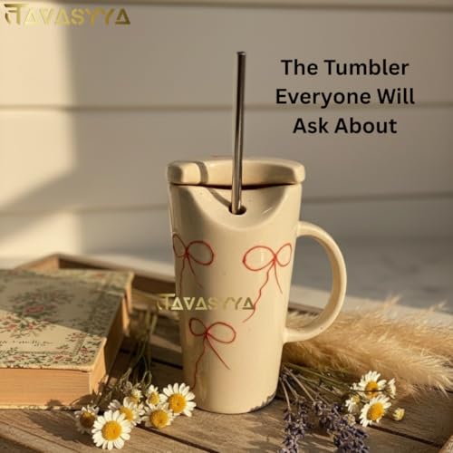 Image of Handmade Pink Bow Embossed Ceramic Tumbler, Mug with Lid & Straw, Tactile Print Cup for Hot & Cold Beverages - Coffee, Tea, Shakes, Matcha, Microwave & Dishwasher Safe, Perfect for Gifting
