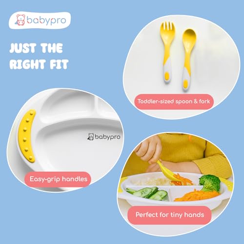 Image of BabyPro Feeding Plate Set with Spoon & Fork for Toddlers, Yellow 1+ Years | BPA-Free, Non-Toxic, Easy-Grip Handles, Pefrect Size Baby Meal Set for Kids