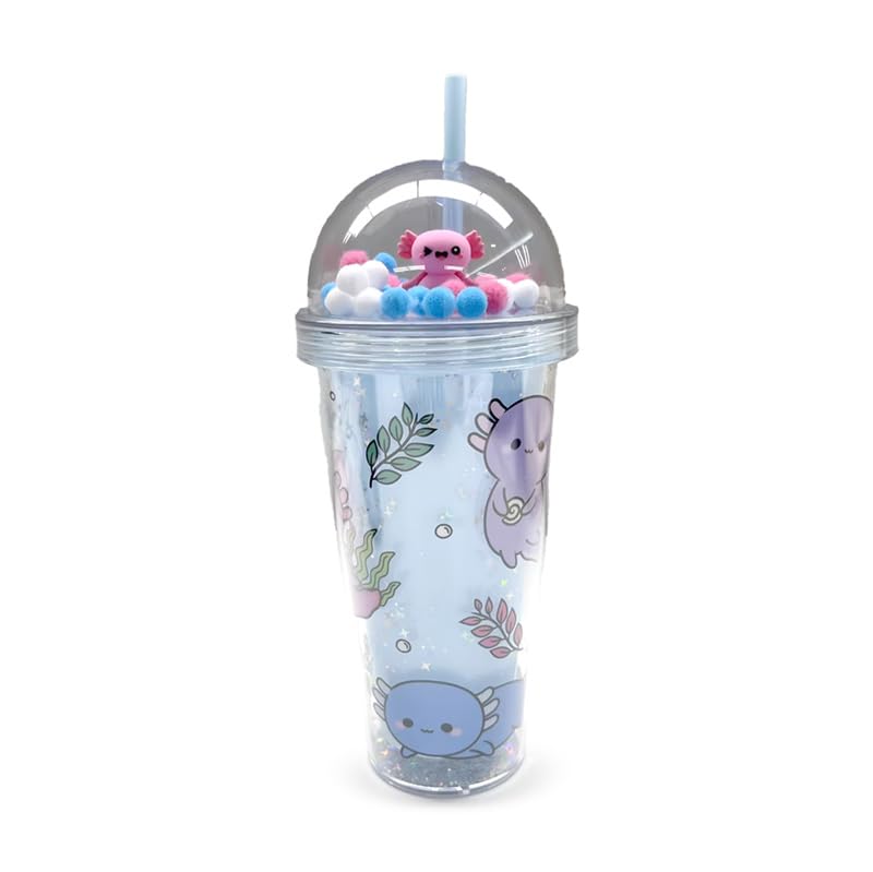 Puckator Adoramals Maddie The Axolotl Double Walled Cup & Straw with Charms - Insulated Tumbler - Cups with Lids and Straws for Adults Children - Travel Thermal Cup with Straw Water Bottles with Staw