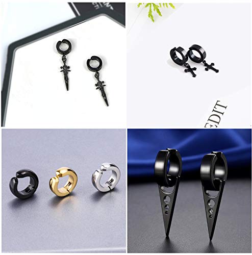 5 Pairs Black Punk Stainless Steel Non-Piercing Dagger Geometric Triangle Cross Sword Dangle Clip On Hoop Earrings Set No Piercing Jewelry For Women Men Teen, Non Pierced Fake Ear Clip Cz Stud Earrings (Black-Set A(Non-Pierced)) #TOP3
