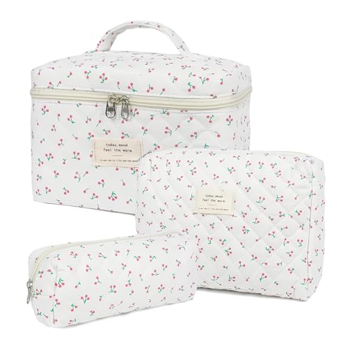 Gran neceser de maquillaje, lote de 3 bolsas de aseo para mujer, viaje de algodón, diseño floral, gran capacidad, neceser de aseo para niña y mujer, #3 Cereza, Clásico