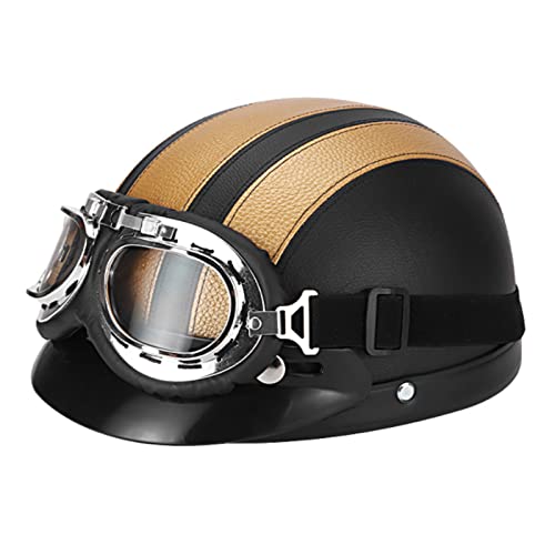 XJDP Motorradhelme, Vintage Style Lederhelm, Open Face Half Moto Helme, Vier Jahreszeiten Fahrrad Rollerhelme mit Brille Lederschal Unisex, Dot/ece Zugelassen,Champagne,L