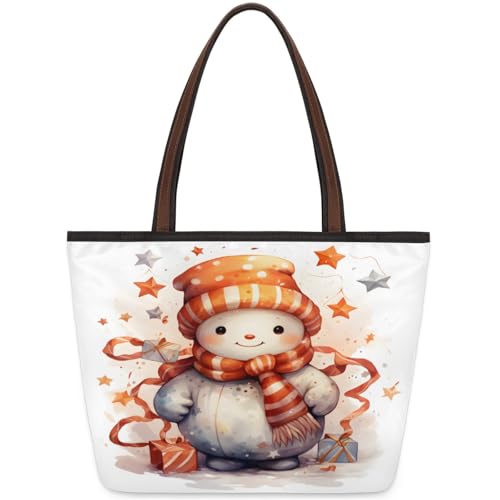 Cute Cartoon Watercolour Snowman Tote Bag Multi Pocket Zippered Beach Bag Lightweight Waterproof Handbag