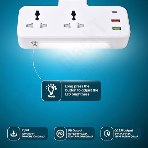 Image of Blackt Electrotech (BTPS12) Extension Board with USB - 2500W 10A Power Extension Board with 18W Type-C PD & QC 3.0, Dual Multi Plug Socket, USB Hub & Touch Lamp for Home, Office, Bedroom