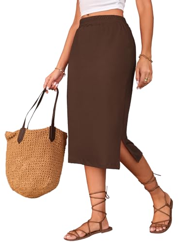 Image of Naggoo Midi Skirts for Women Summer Elastic High Waisted Side Slit Long Skirts