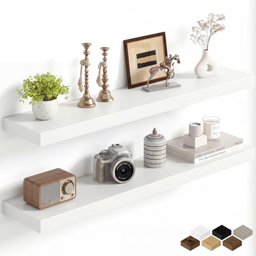 Image of Fun Memories 40Inch Floating Shelves for Wall, 8 Inch Deep Shelves for Bathroom|Bedroom|Kitchen, Large Wall Mounted Wood Hanging Shelf with Invisible Brackets for Home Storage Decor, White - 2 Pack