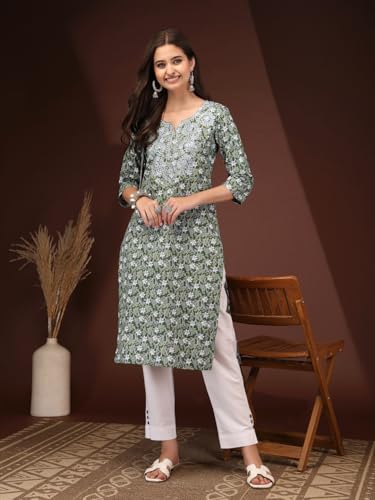 Image of Women Cotton Floral Printed Casual Straight Embroidery Kurta | Formal Kurti for Women