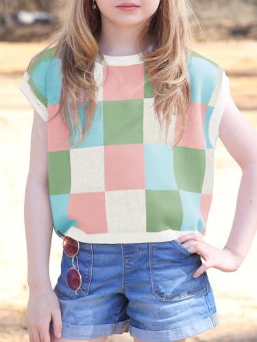 Image of Haloumoning Girls Summer Crop Tops Color Block Vest Cute Tanks Cap Sleeve Tee Loose Kids Knit Top 5-14 Years