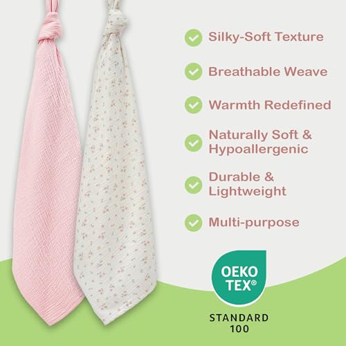 Image of Organic Muslin Baby Blanket 2-Pack Blush & Ivory Floral, 47 x 47 Inch, 100% Organic Cotton Oeko-TEX Certified Hypoallergenic Swaddle Blanket for Newborn Boy, Baby Boy Shower Gift