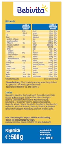 Bebivita 3 Folgemilch (4 x 500g), ab dem 10. Monat, mit Vitamin C und D, Omega-3 (DHA,ALA), altersgerecht sättigend