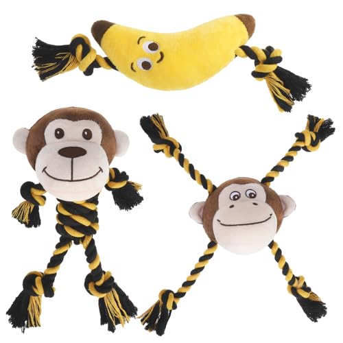 PUPTECK Funny Dog Squeaky Chew Toys - 3 PCS Cute Monkey Plush Stuffed Toys for Puppy Pet Tugging Playing