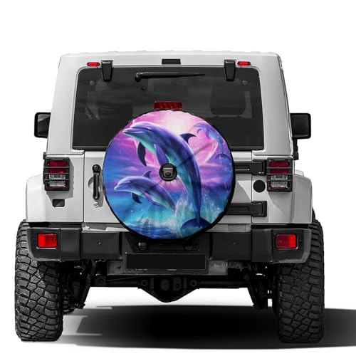 Image of Delerain Spare Tire Cover with Backup Camera Hole Dolphins Jumping Water Wheel Covers Waterproof Dust-Proof UV Sun Universal Fit for Trailer RV SUV Truck (18 Inch for Diameter 32 inch-34 inch)