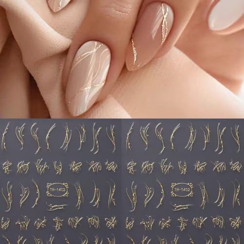 Golden Line Nail Art Stickers French Swirl Nail Sticker 6PCS 3D Holographic Stripe Curve Nail Decals Gold Geometry Line Self-Adhesive Nail Decals French Nail Art Decorations Manicure Slider Supplies