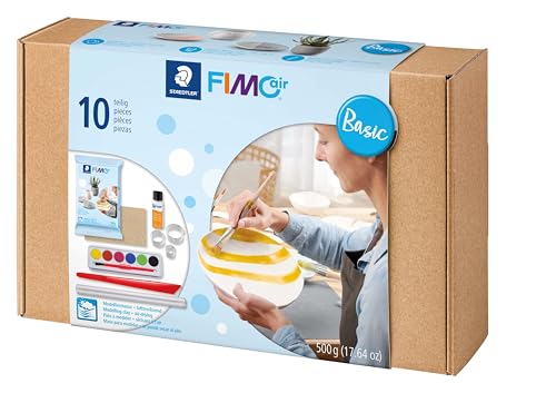 STAEDTLER 81 Set 01 FIMOair Air-Drying Modelling Clay - Basic Set with Modelling Tools and Accessories (Set of 16 Pieces, Including 500g Clay Block)