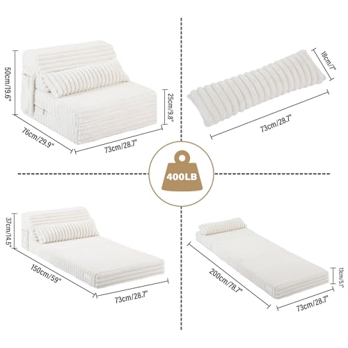 Image of Tiita Folding Sofa Bed Convertible Sleeper Chair Mattress with Pillow & Side Pocket, Thick Corduroy Floor Mattress Couch Bed, Single Size, Beige