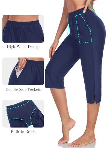 RELLECIGA Women's High Waisted Swim Capris Pants Long Board Shorts Beach Pants with Briefs4