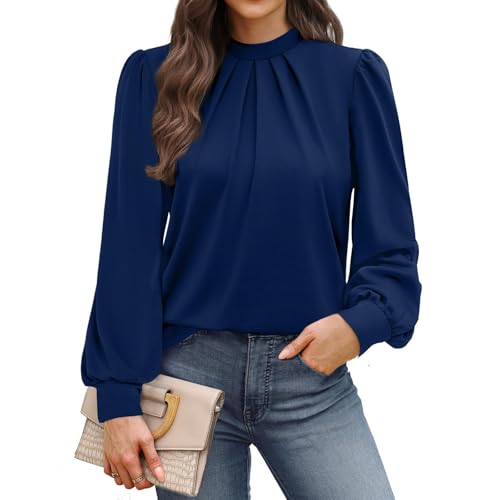 Image of Blouses for Women Casual Long Sleeve Pleated Tops Dressy Mock Neck Plain Shirts Pullover Ladies Fashion Tunic Tops Business Tees Loose Fit Going Out T-Shirts Office Wear(Dark Blue, L)