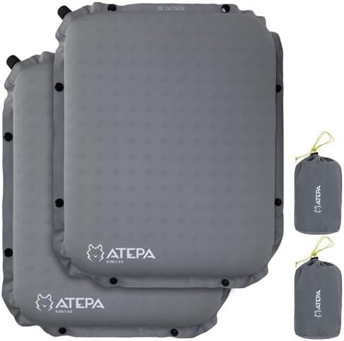 ATEPA Sitzkissen Outdoor, Aufblasbares Sitzkissen, XL, 2er Pack Grau | 6,5 cm Selbstaufblasende Outdoor Sitzmatte, Kompakte Sitzunterlage für Stadion, Flugzeug, Reisen, Camping, Wa