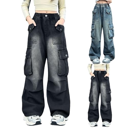 Denim Cargo Pants for Girls Y2K Streetwear High Waisted Cargo Jeans Vintage High Waisted Baggy Jeans Parachute Pants