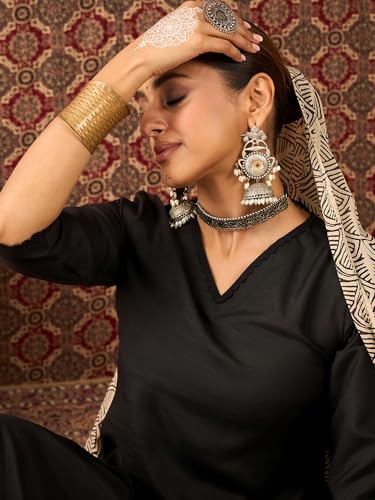 Image of INDO ERA Women's Straight Cotton Blend Solid Solid Kurta & Pant with Dupatta Set (IESTR10631)