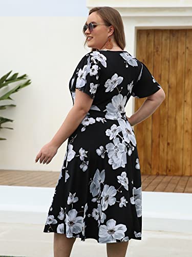 kissmay Plus Size Womens V Neck Floral Cocktail Party Midi Dresses with Pocket3