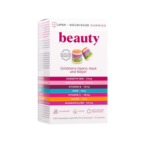 UPSA x Nourished 7-in-1 Beauty Gummies for Women - Vitamin C & E, Mango Powder, Selenium, Coenzyme Q10, Resveratrol, Multivitamin Gummy Hair Skin and Nails Vitamins - 30 Vitamin Gummies