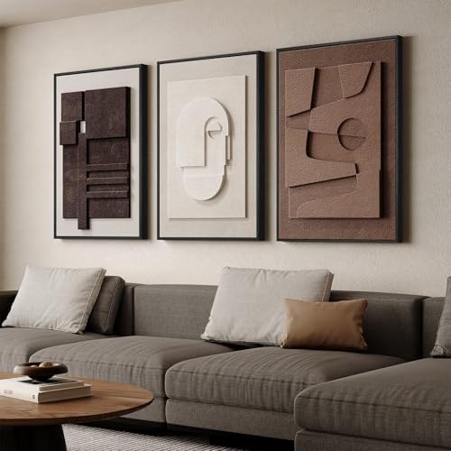 Large Framed 3D Wall Art for Living Room, Brown Abstract Art Wall Decor
