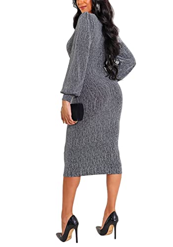 Silver Sequin Dress For Women Long Sleeve V Neck Sparkly Midi Ball Gown Cocktail Dresses Large #TOP1