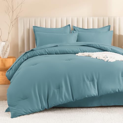 Image of Litanika King Size Comforter Set Grayish Teal - 7 Pieces Bed in a Bag King Bedding Comforter Sets, Solid Lightweight Bed Set with Comforter, Sheets, Pillowcases & Shams