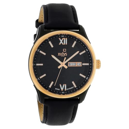 Image of Xylys Quartz Black Round Dial Men Analog with Day and Date Watch | Leather Material | Water Resistant Watch | Watches for Man - NT40023KL02E