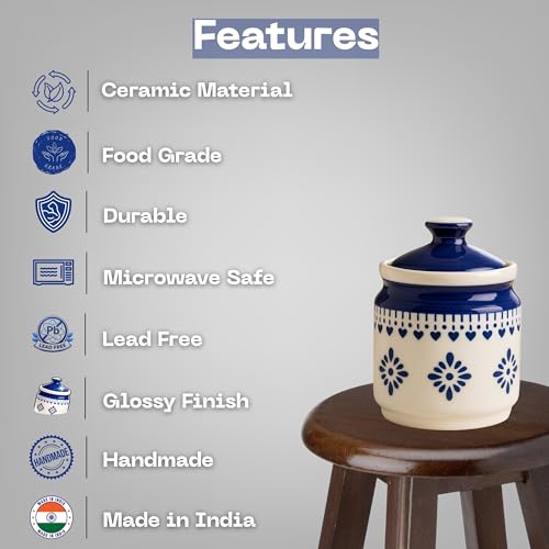 Image of Classyo Ceramic Storage Containers - 600 ml, Salt Container, Pickle Jar with lid, Ceramic Jars for Kitchen Storage for Achar and Namak (Blue Floral, Set of 1)