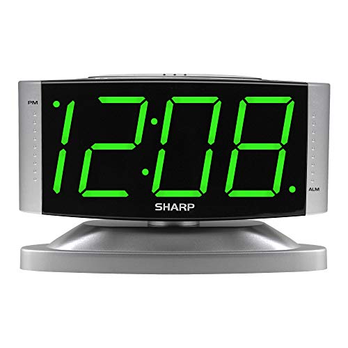 Sharp Home LED Digital Alarm Clock – Swivel Base – Outlet Powered, Simple Operation, Alarm, Snooze, Brightness Dimmer, Big Green Digit Display, Silver Case