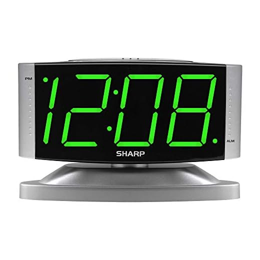 Sharp Home LED Digital Alarm Clock – Swivel Base - Outlet Powered, Simple Operation, Alarm, Snooze, Brightness Dimmer, Big Green Digit Display, Silver Case