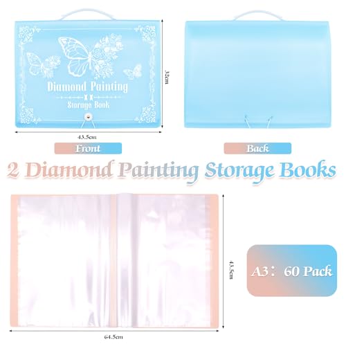 Image of ZYNERY 2 Pack A3 Diamond Painting Storage Book Handheld, 60 Pages Diamond Art Portfolio, Large Diamond Art Storage Folder Suitable for 12x16 inch Diamond Painting (Pink + Blue)