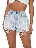 Verdusa Women's Rhinestone Pearl Beaded Frayed Raw Hem Denim Shorts Light Blue 29