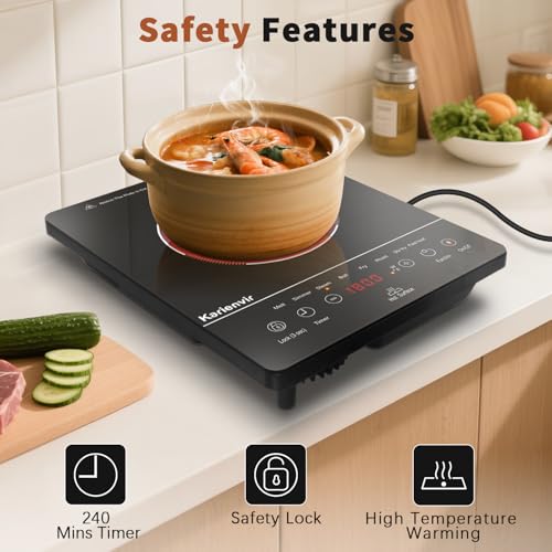 Image of Single Burner Electric Cooktop, Portable Electric Stove 110v with plug, Touch Control, Safety Lock, Timer, Kitchen Cooking Cooktop With 9 Power Levels, 1800W, Black