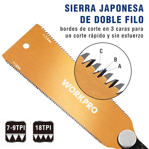 WORKPRO Sierra Japonesa de 210 mm, Sierra de Doble Filo 18TPI/7-9TPI, con Hoja SK5 Flexible y Reemplazable, Sierra Madera con Mango Ergonómico, Perfecta para CarpinterÃa y Trabajos de Madera - Imagen 4