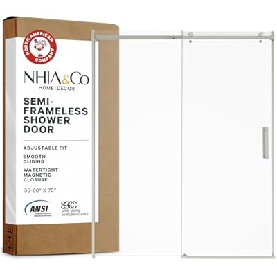 Semi-Frameless Sliding Shower Door – 56-60” x 75”, Tempered Glass Shower Door, Corrosion Resistant Hardware, Smooth Glide Rollers, Reversible Installation, Leak-Proof Magnetic Lock (Brushed Nickel)