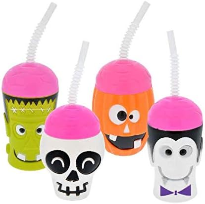 Plastic Halloween Sippy Cups (Includes TnT Activity Pad with Crayon TM) Ghost Toddlers Kids Jack O Lantern Scary Spooky Creepy Halloween Party Indoor Outdoor Decoration (Set of 4)