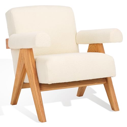 SAFAVIEH Couture Collection Billie Beige Boucle/Natural Upholstered Accent Chair (Fully