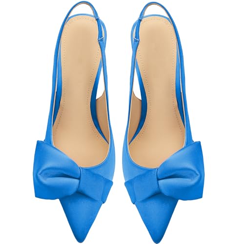 Image of Women's Slingback Heels with Bow Pointed Toe Pumps with Elasticated Strap 3.3 inch High Heels for Evening Dress Shoes