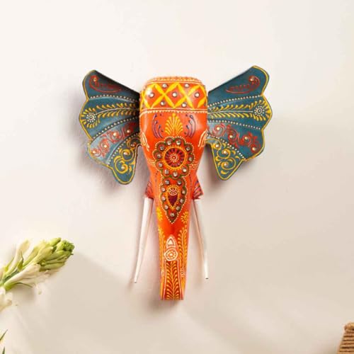 Image of ATRANGI STUDIO Handpainted Wooden Elephant Wall Decor | Ethnic Wooden Wall Art | Symbol of Strength & Wisdom | Wall Hanging for Home, Corridor & Balcony | Ready to Hang | 11 Inch, Orange