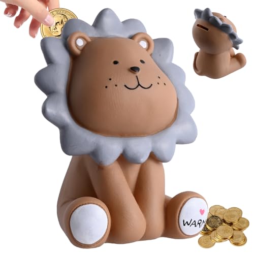 Fosoloni Spardose Kinder, Bruchsichere Sparschwein aus Harz, Braun Löwe...